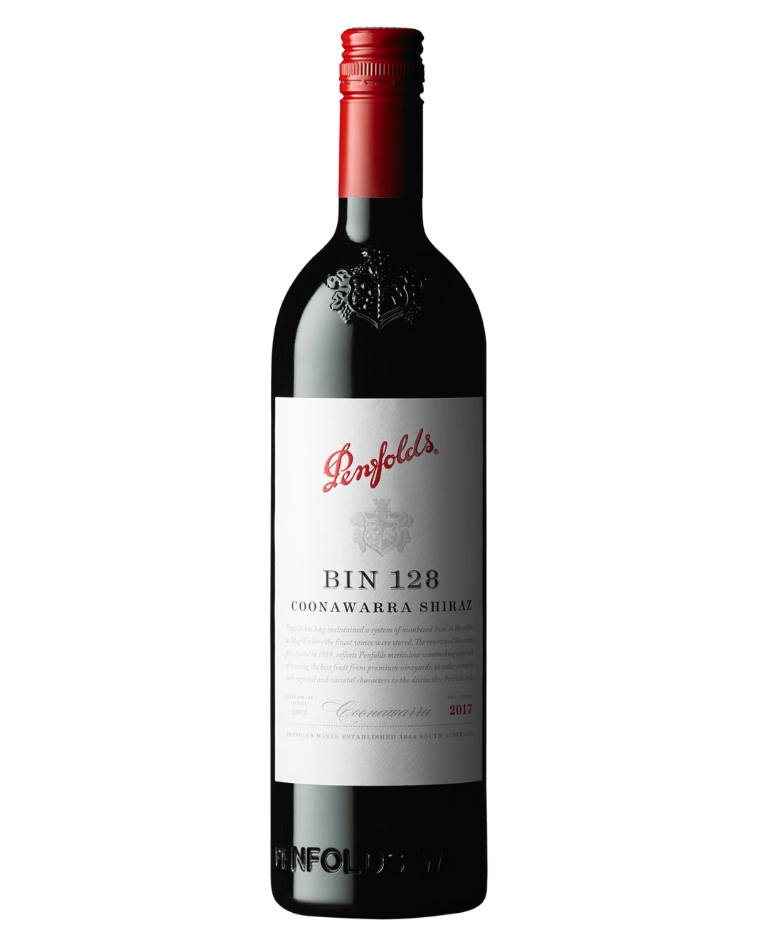 Penfolds Bin 128 wine bottle on a white background